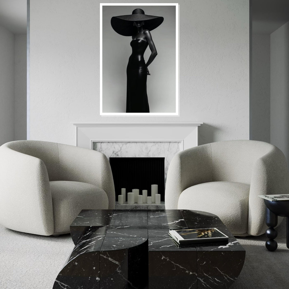 Elegant Silhouette Canvas, Black Dress Art, Fashion Wall Art, Large Hat Poster, Wall Art Canvas Design, Ready to Hang Decoration