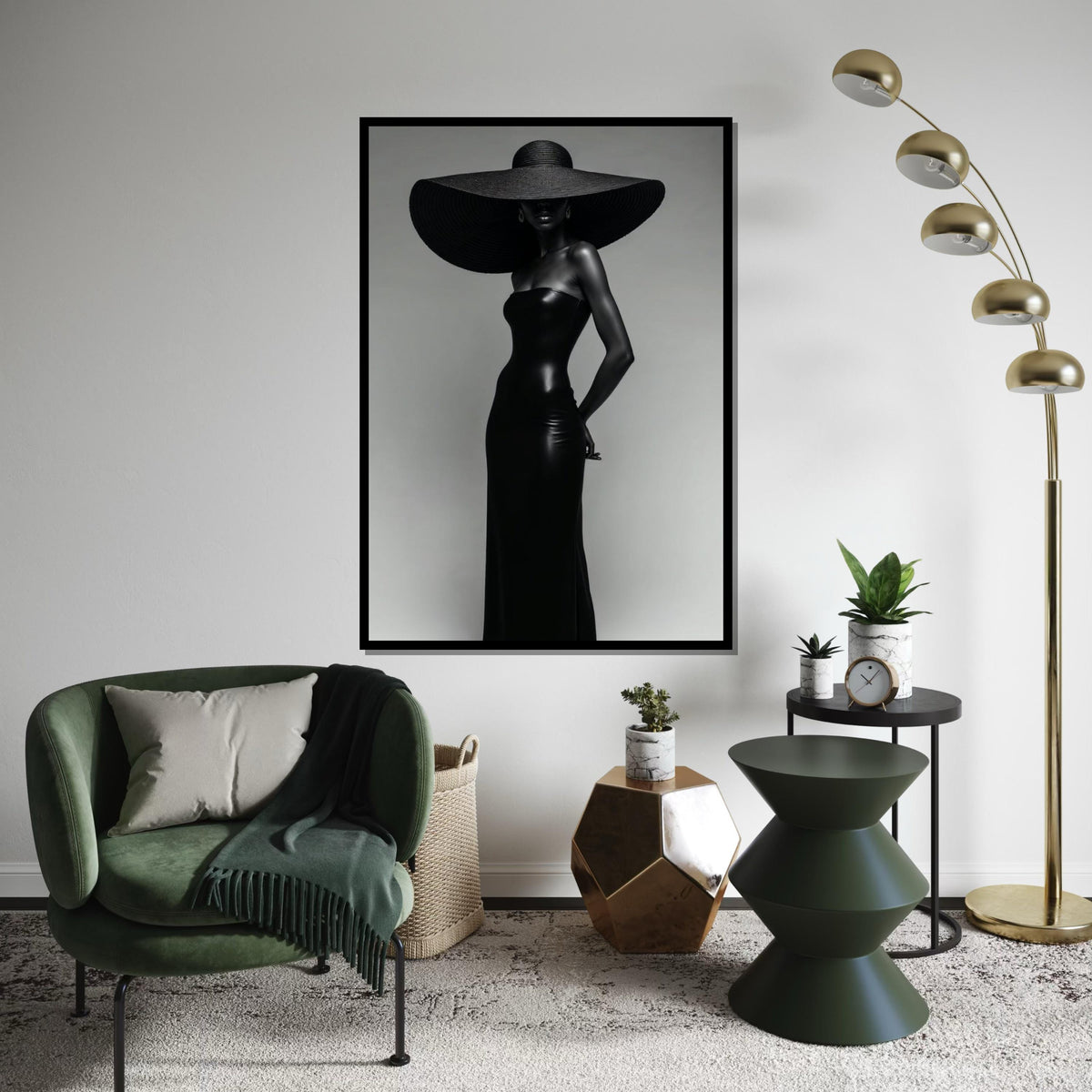 Elegant Silhouette Canvas, Black Dress Art, Fashion Wall Art, Large Hat Poster, Wall Art Canvas Design, Ready to Hang Decoration
