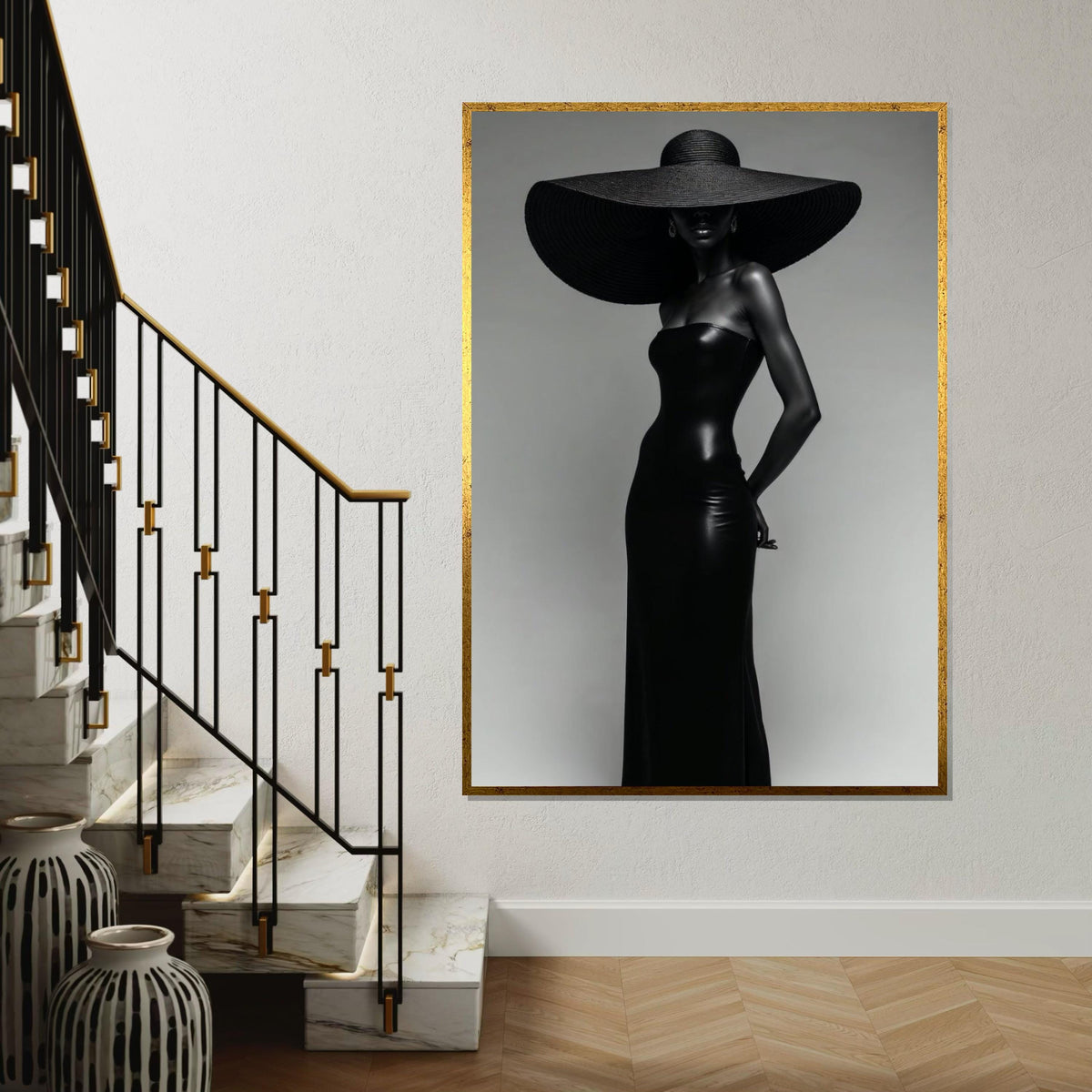 Elegant Silhouette Canvas, Black Dress Art, Fashion Wall Art, Large Hat Poster, Wall Art Canvas Design, Ready to Hang Decoration