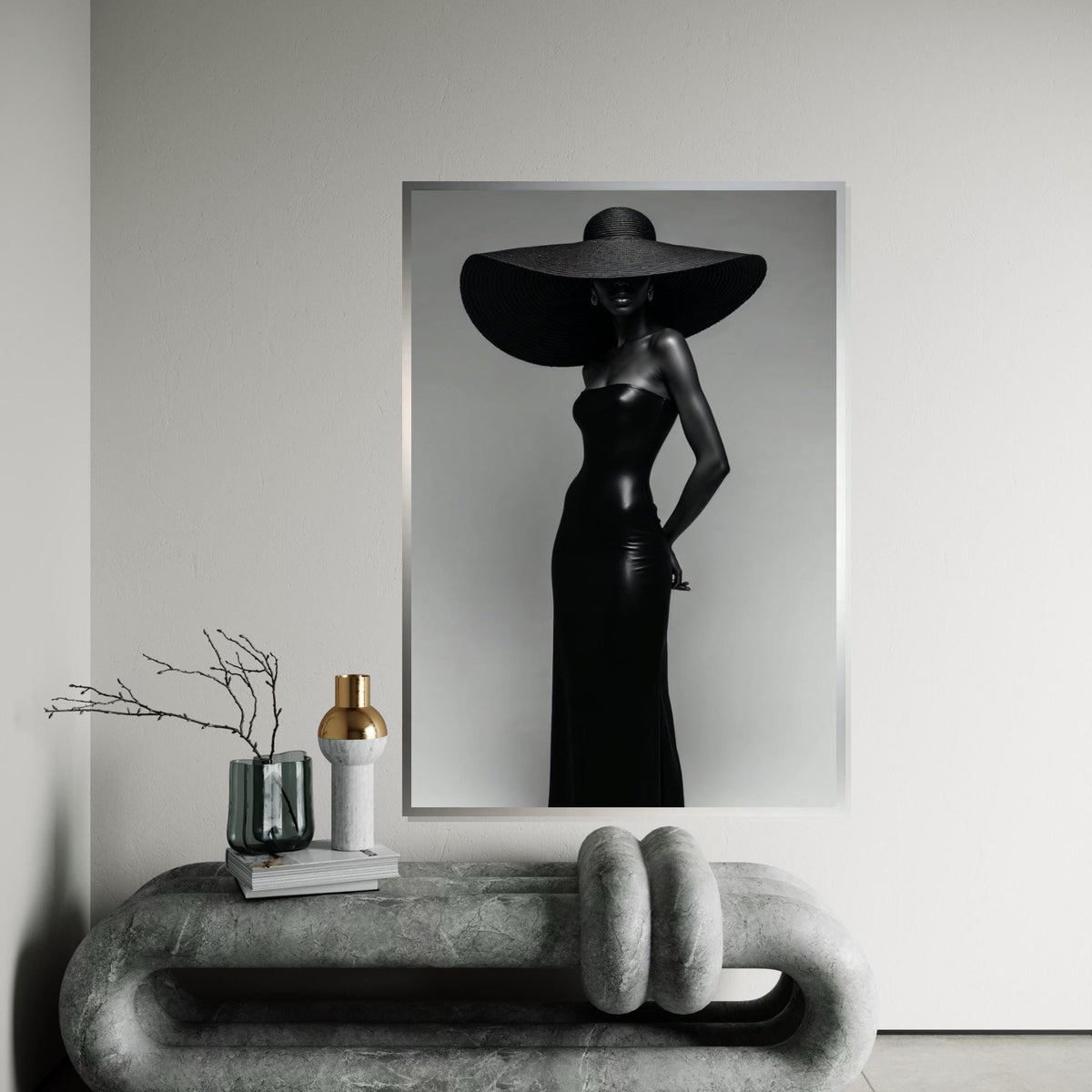 Elegant Silhouette Canvas, Black Dress Art, Fashion Wall Art, Large Hat Poster, Wall Art Canvas Design, Ready to Hang Decoration