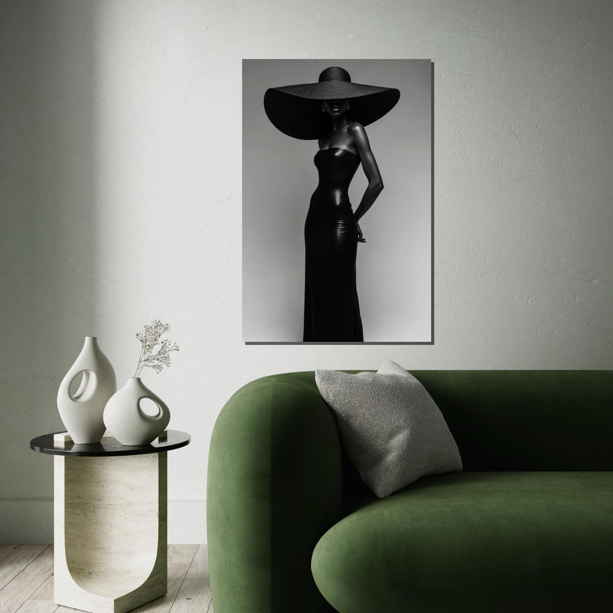 Elegant Silhouette Canvas, Black Dress Art, Fashion Wall Art, Large Hat Poster, Wall Art Canvas Design, Ready to Hang Decoration