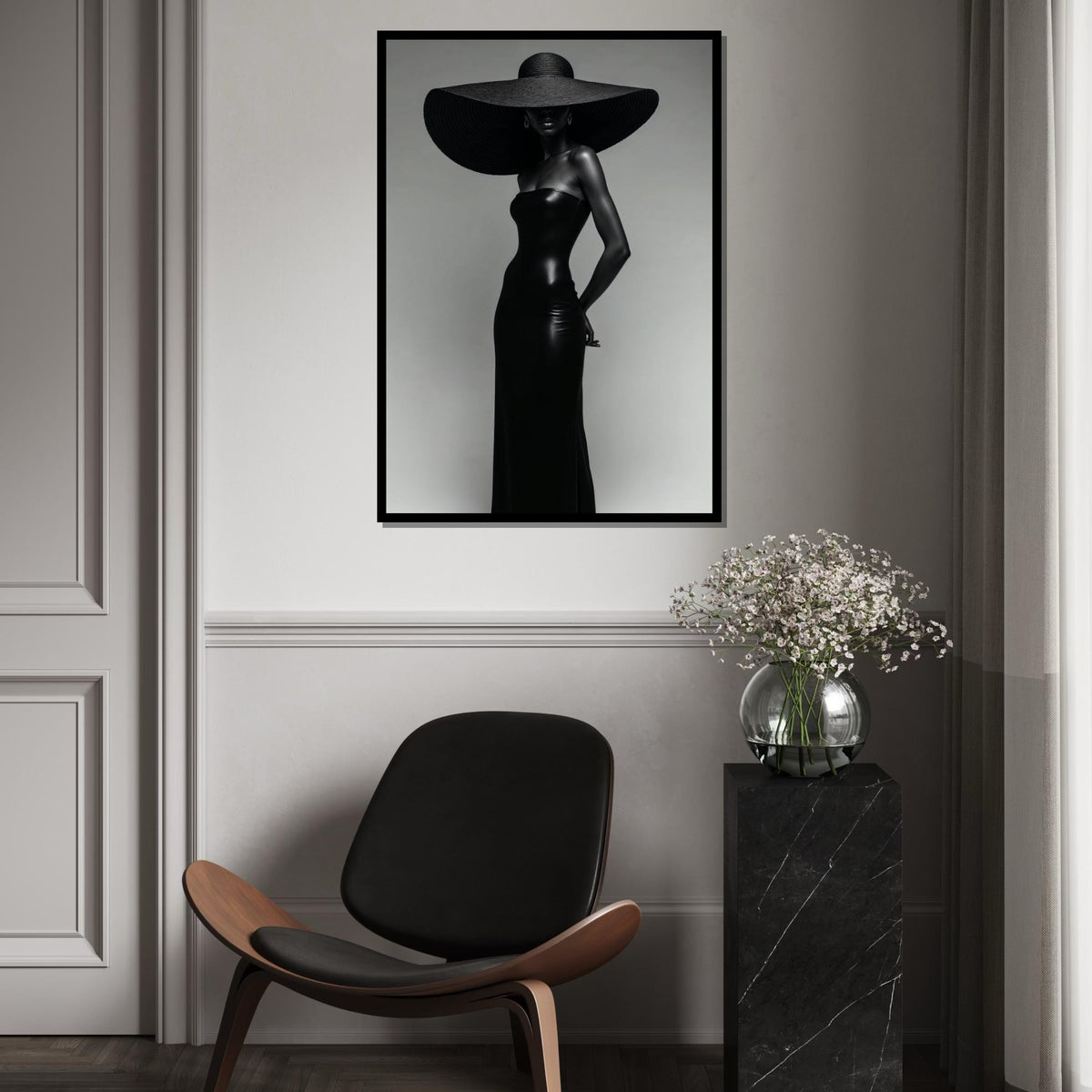 Elegant Silhouette Canvas, Black Dress Art, Fashion Wall Art, Large Hat Poster, Wall Art Canvas Design, Ready to Hang Decoration