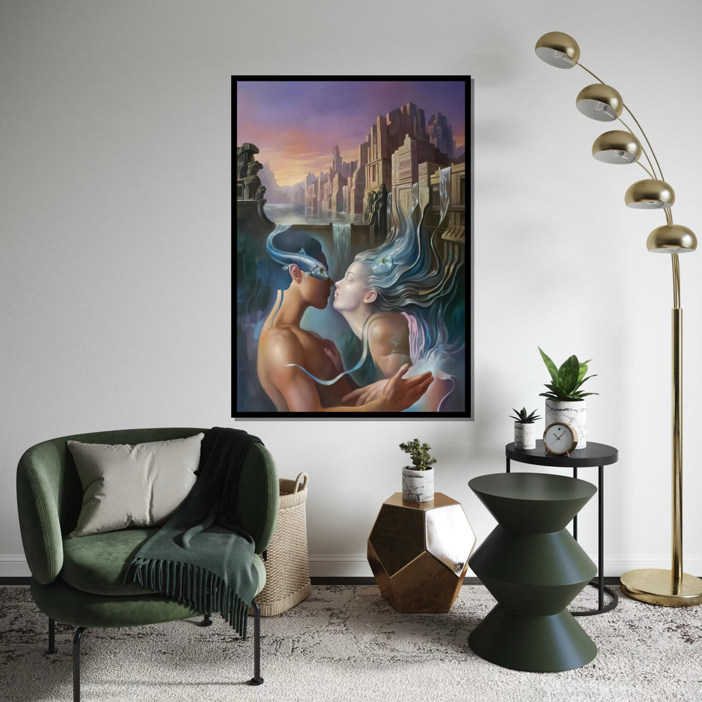 Surreal Lovers Canvas, Dreamlike Water City Art, Kiss with Fish, Romantic Fantasy Wall Print, Wall Art Canvas Design, Ready to Hang