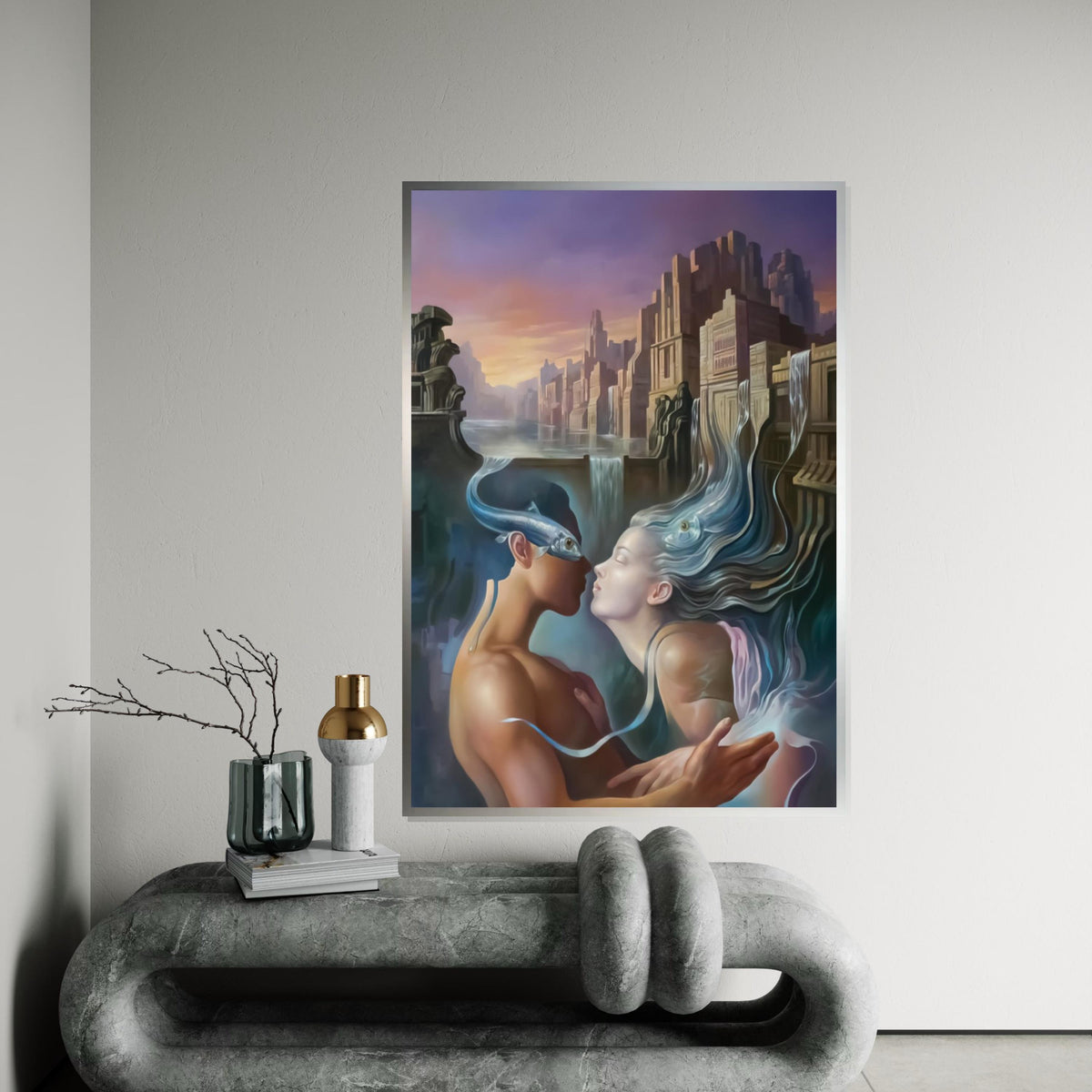 Surreal Lovers Canvas, Dreamlike Water City Art, Kiss with Fish, Romantic Fantasy Wall Print, Wall Art Canvas Design, Ready to Hang