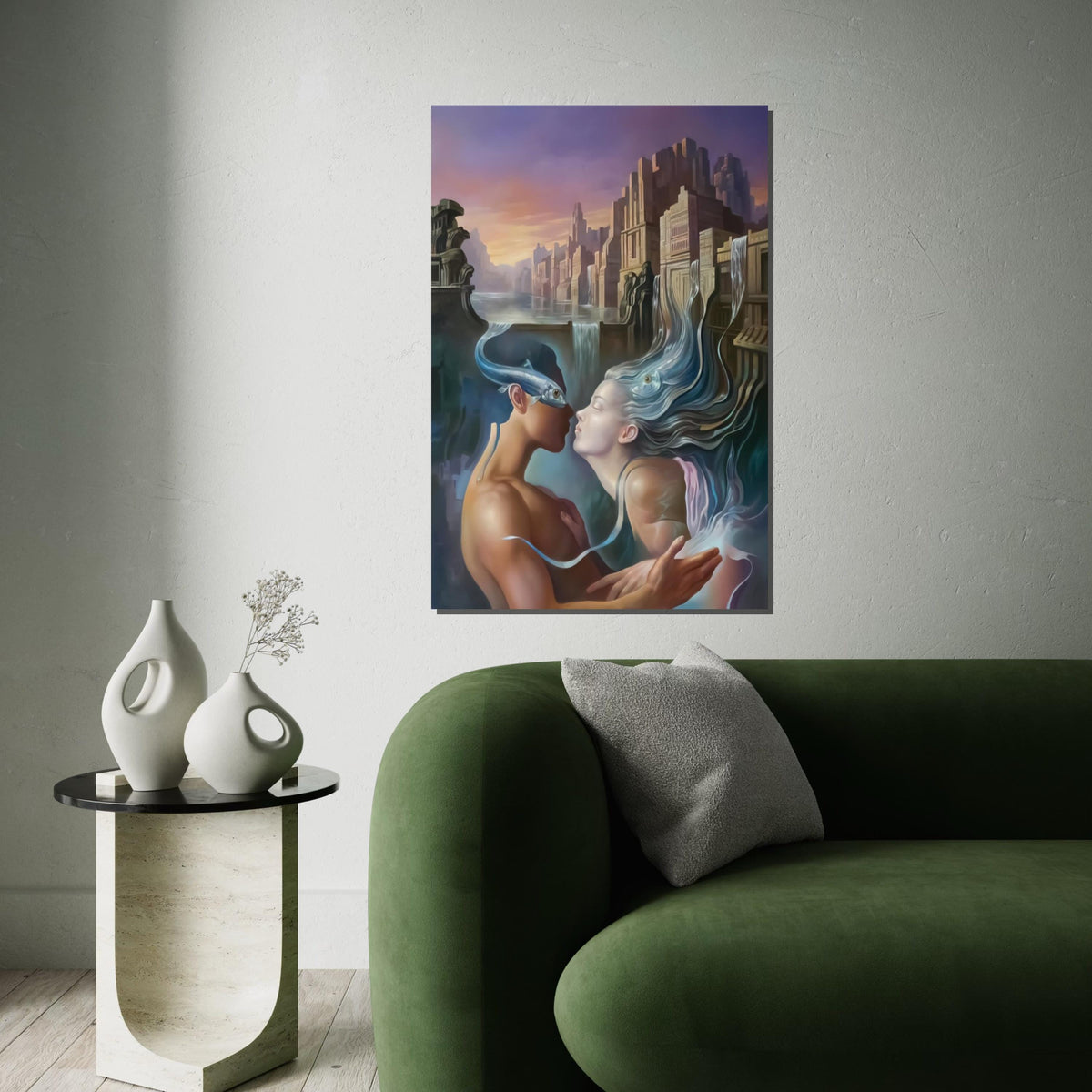 Surreal Lovers Canvas, Dreamlike Water City Art, Kiss with Fish, Romantic Fantasy Wall Print, Wall Art Canvas Design, Ready to Hang