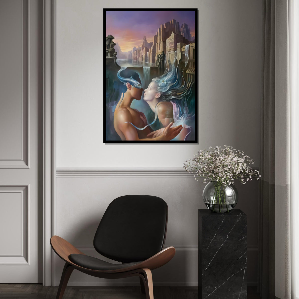 Surreal Lovers Canvas, Dreamlike Water City Art, Kiss with Fish, Romantic Fantasy Wall Print, Wall Art Canvas Design, Ready to Hang