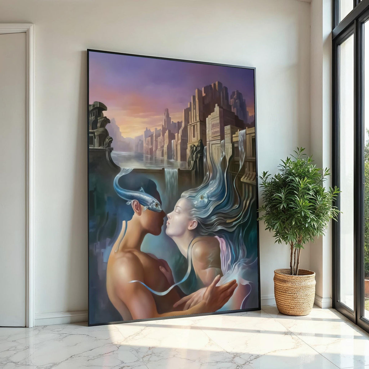 Surreal Lovers Canvas, Dreamlike Water City Art, Kiss with Fish, Romantic Fantasy Wall Print, Wall Art Canvas Design, Ready to Hang