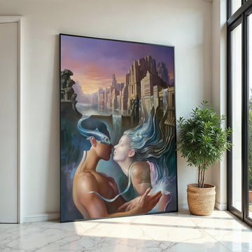 Surreal Lovers Canvas, Dreamlike Water City Art, Kiss with Fish, Romantic Fantasy Wall Print, Wall Art Canvas Design, Ready to Hang