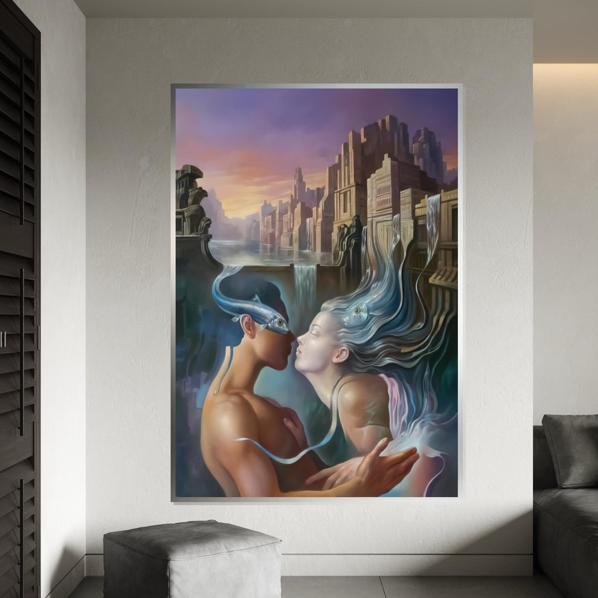 Surreal Lovers Canvas, Dreamlike Water City Art, Kiss with Fish, Romantic Fantasy Wall Print, Wall Art Canvas Design, Ready to Hang