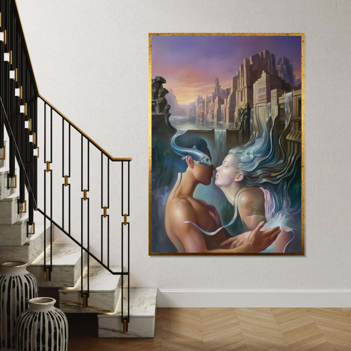 Surreal Lovers Canvas, Dreamlike Water City Art, Kiss with Fish, Romantic Fantasy Wall Print, Wall Art Canvas Design, Ready to Hang