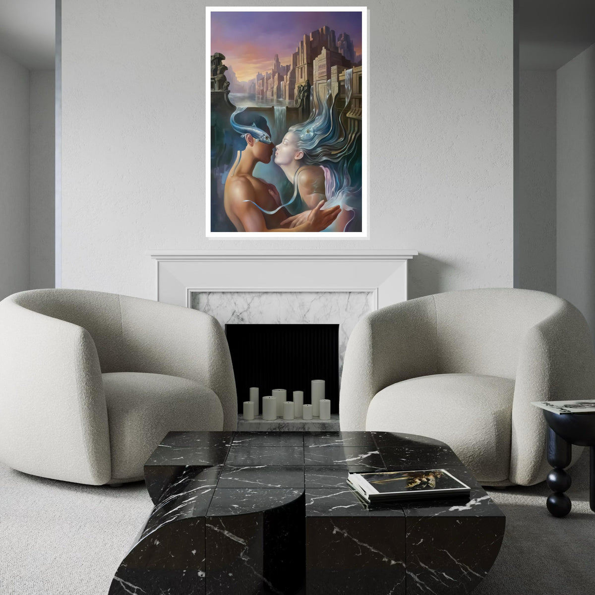 Surreal Lovers Canvas, Dreamlike Water City Art, Kiss with Fish, Romantic Fantasy Wall Print, Wall Art Canvas Design, Ready to Hang