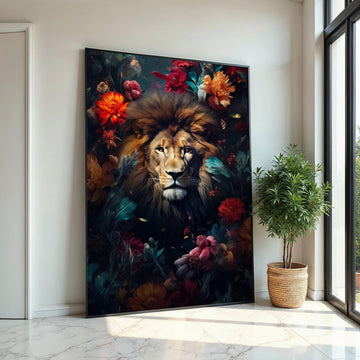 Majestic Lion Canvas, Floral Lion Art, Animal Wall Print, Lion in Flowers, Wall Art Canvas Design, Ready to Hang Decoration