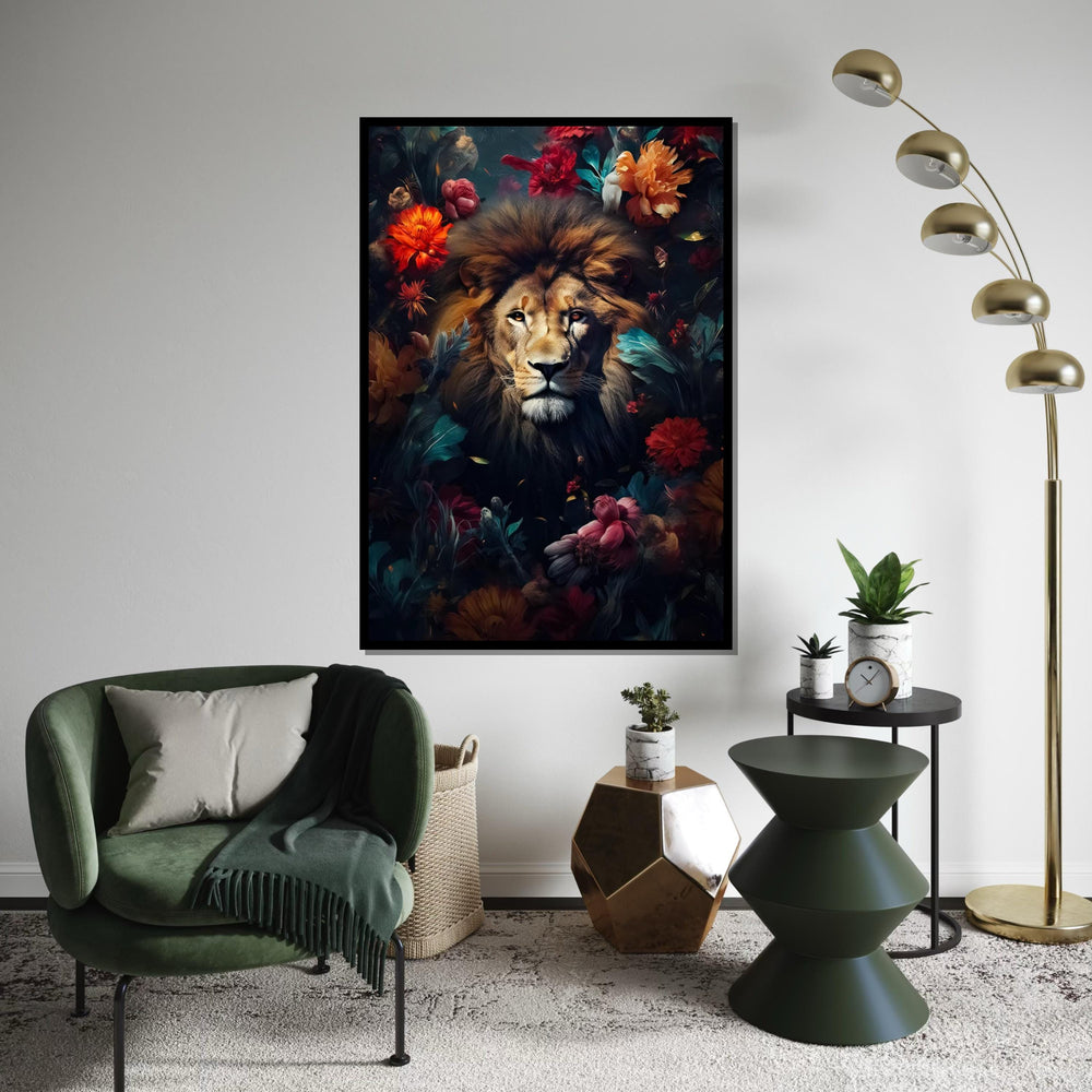Majestic Lion Canvas, Floral Lion Art, Animal Wall Print, Lion in Flowers, Wall Art Canvas Design, Ready to Hang Decoration