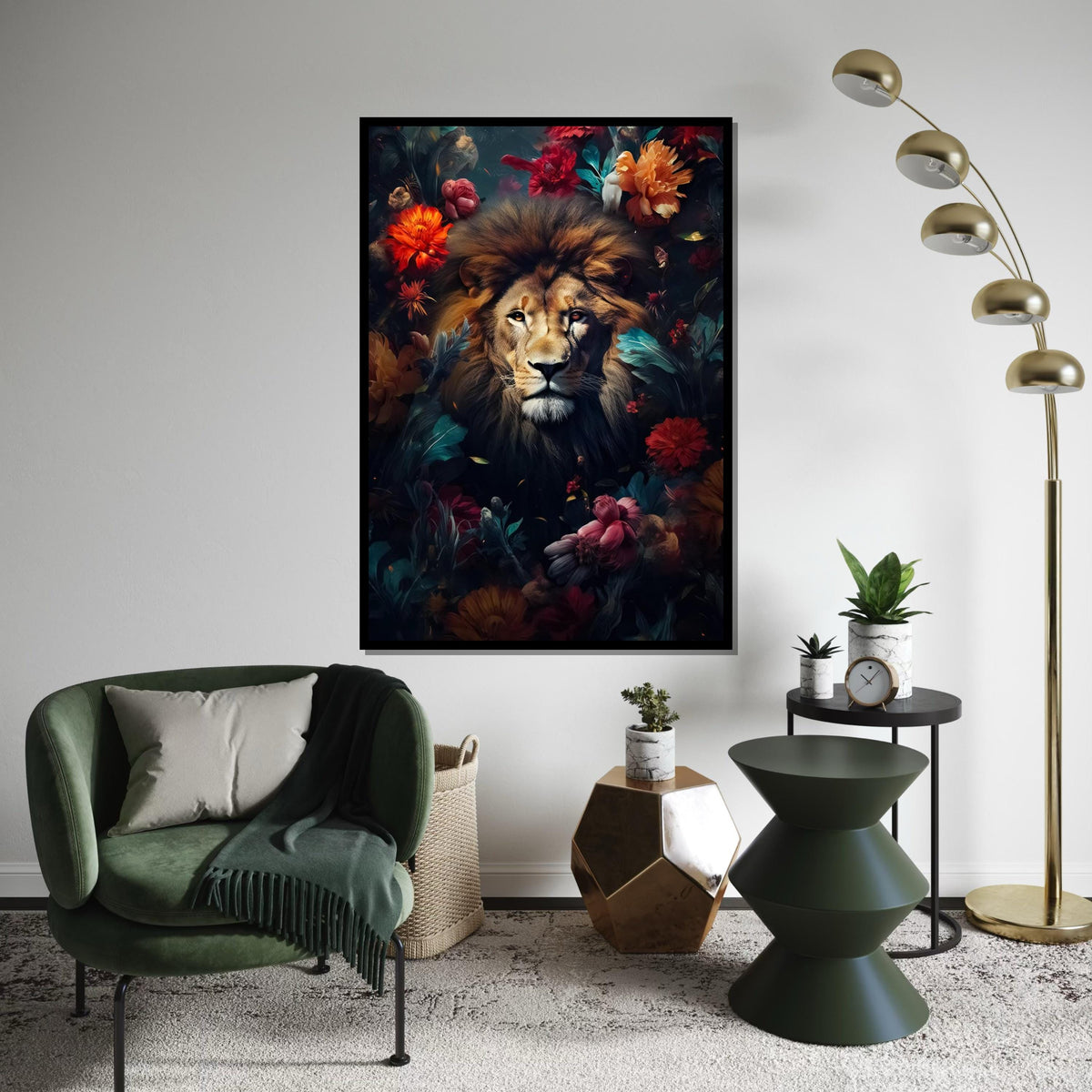 Majestic Lion Canvas, Floral Lion Art, Animal Wall Print, Lion in Flowers, Wall Art Canvas Design, Ready to Hang Decoration