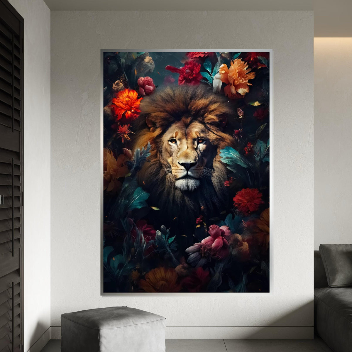 Majestic Lion Canvas, Floral Lion Art, Animal Wall Print, Lion in Flowers, Wall Art Canvas Design, Ready to Hang Decoration