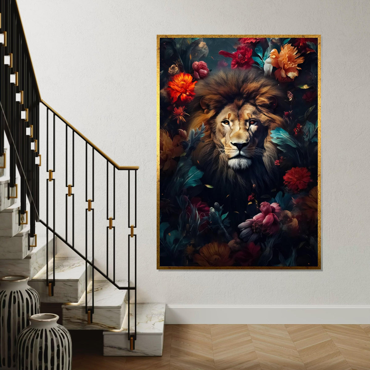 Majestic Lion Canvas, Floral Lion Art, Animal Wall Print, Lion in Flowers, Wall Art Canvas Design, Ready to Hang Decoration