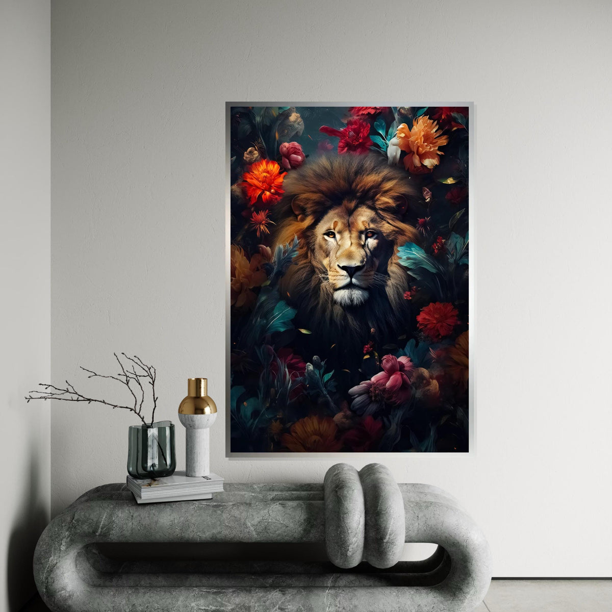 Majestic Lion Canvas, Floral Lion Art, Animal Wall Print, Lion in Flowers, Wall Art Canvas Design, Ready to Hang Decoration