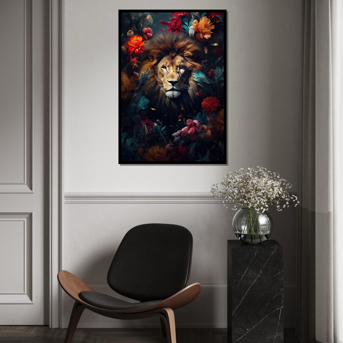 Majestic Lion Canvas, Floral Lion Art, Animal Wall Print, Lion in Flowers, Wall Art Canvas Design, Ready to Hang Decoration