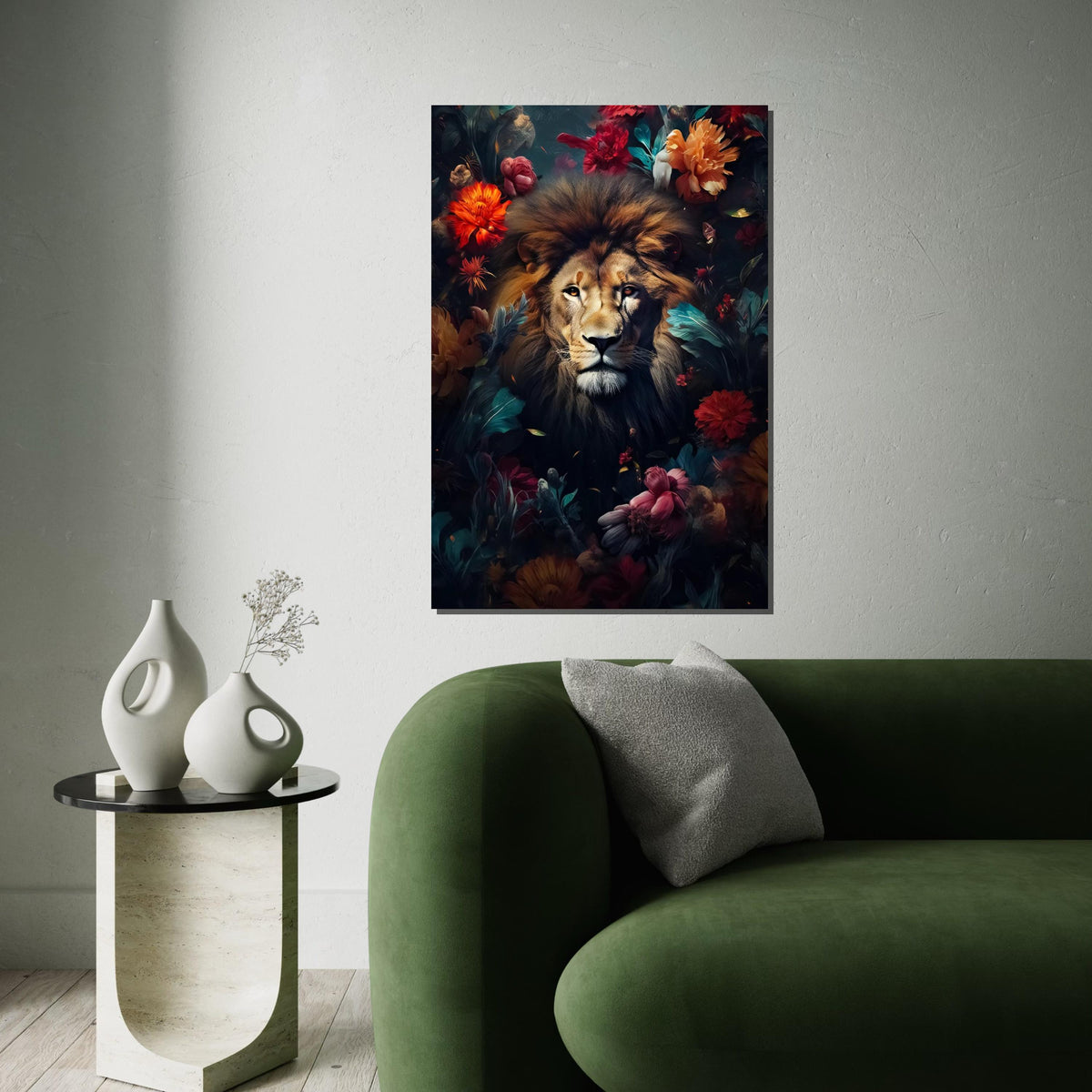 Majestic Lion Canvas, Floral Lion Art, Animal Wall Print, Lion in Flowers, Wall Art Canvas Design, Ready to Hang Decoration