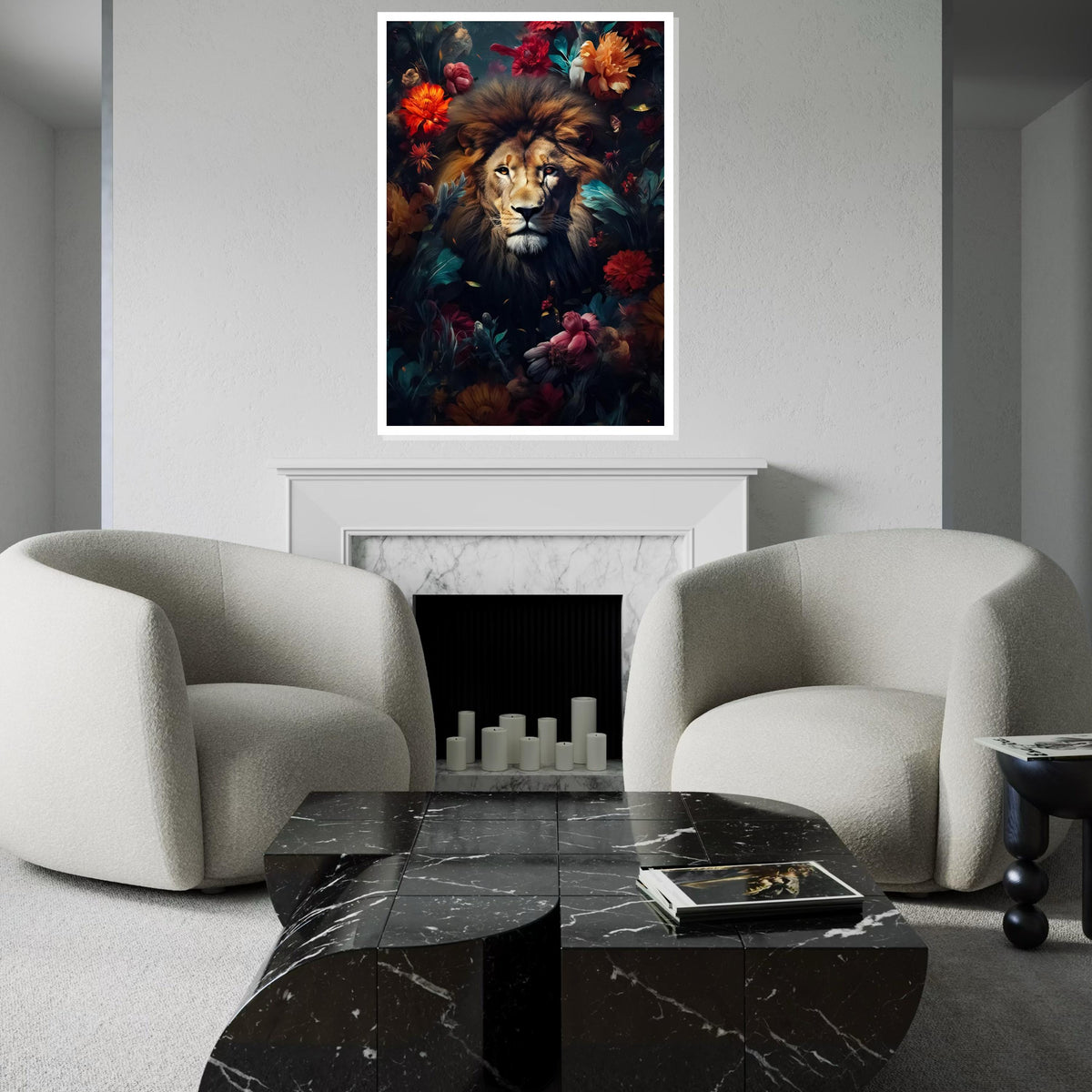 Majestic Lion Canvas, Floral Lion Art, Animal Wall Print, Lion in Flowers, Wall Art Canvas Design, Ready to Hang Decoration