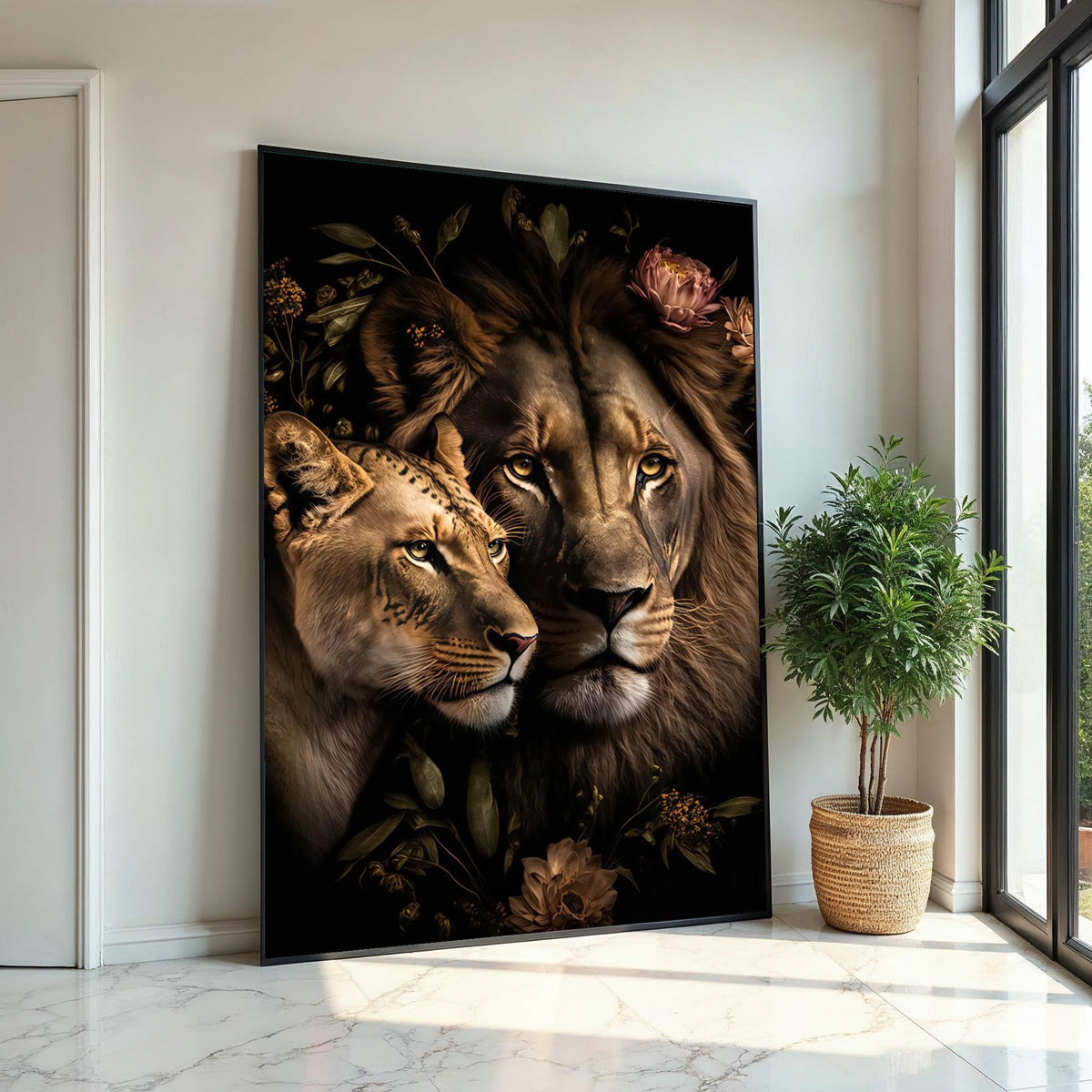 Lion Couple Canvas, Floral Lion Art, Animal Wall Art, Lion  Lioness Print, Wall Art Canvas Design, Ready To Hang Decoration