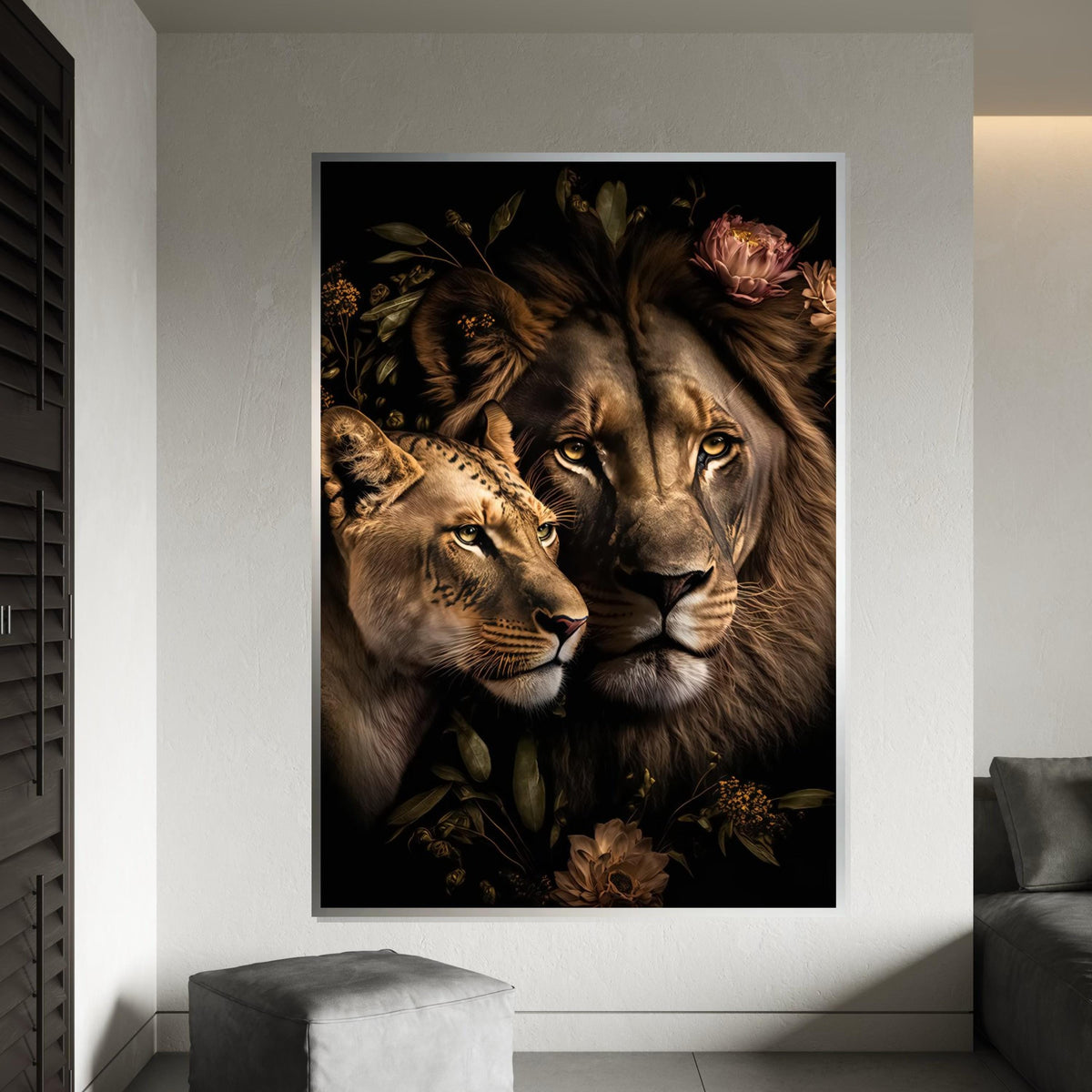 Lion Couple Canvas, Floral Lion Art, Animal Wall Art, Lion  Lioness Print, Wall Art Canvas Design, Ready To Hang Decoration