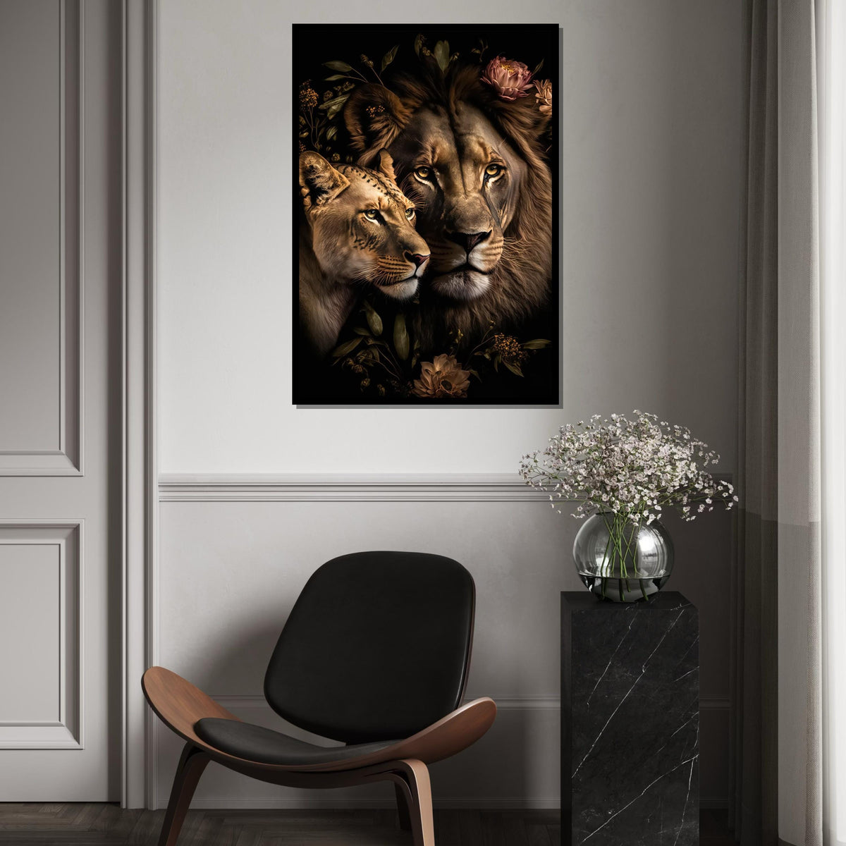 Lion Couple Canvas, Floral Lion Art, Animal Wall Art, Lion  Lioness Print, Wall Art Canvas Design, Ready To Hang Decoration