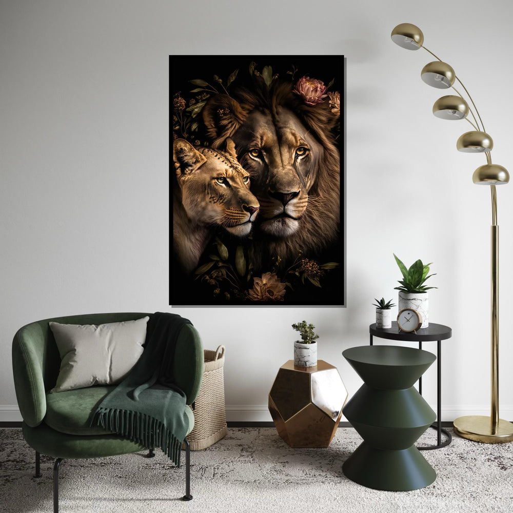 Lion Couple Canvas, Floral Lion Art, Animal Wall Art, Lion  Lioness Print, Wall Art Canvas Design, Ready To Hang Decoration