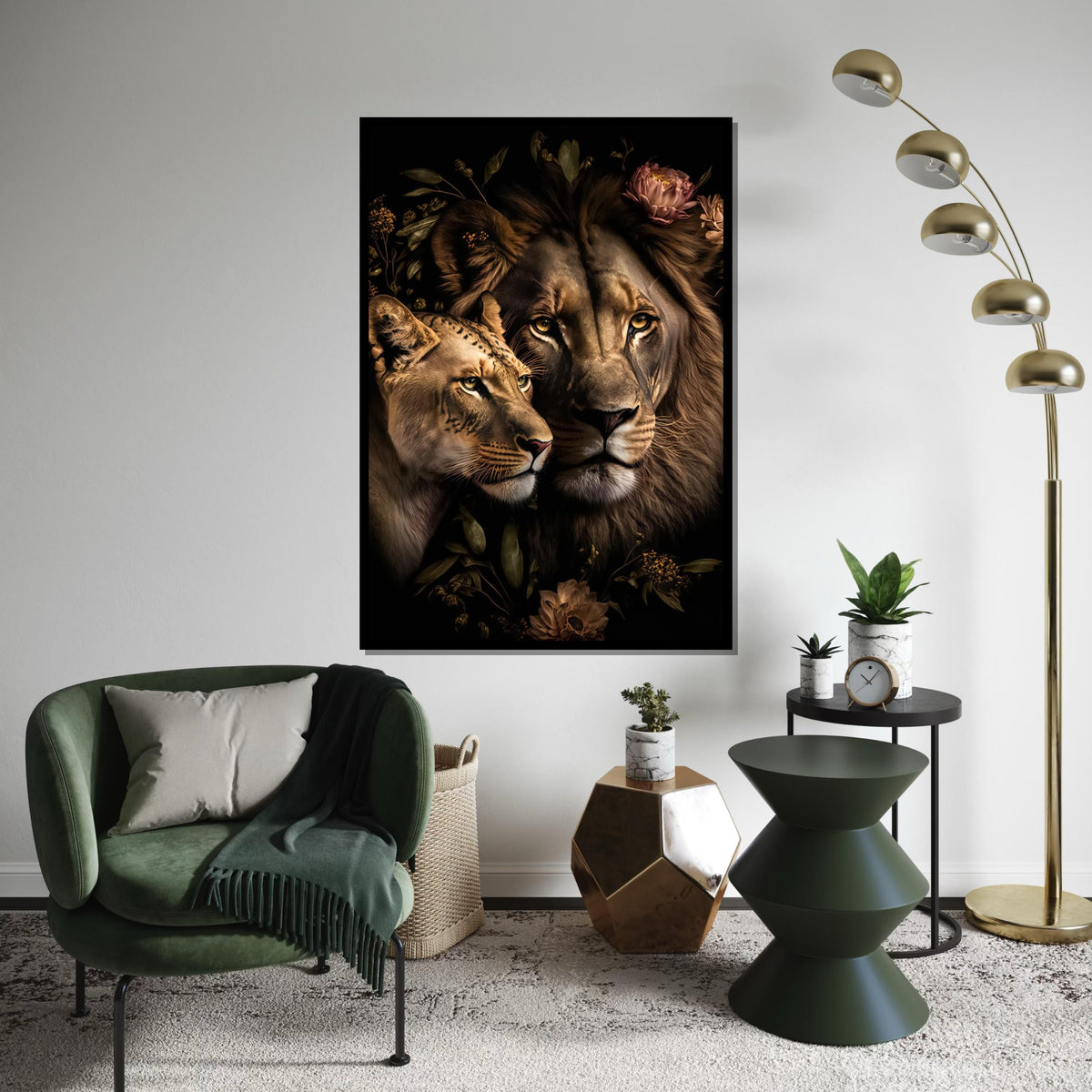 Lion Couple Canvas, Floral Lion Art, Animal Wall Art, Lion  Lioness Print, Wall Art Canvas Design, Ready To Hang Decoration