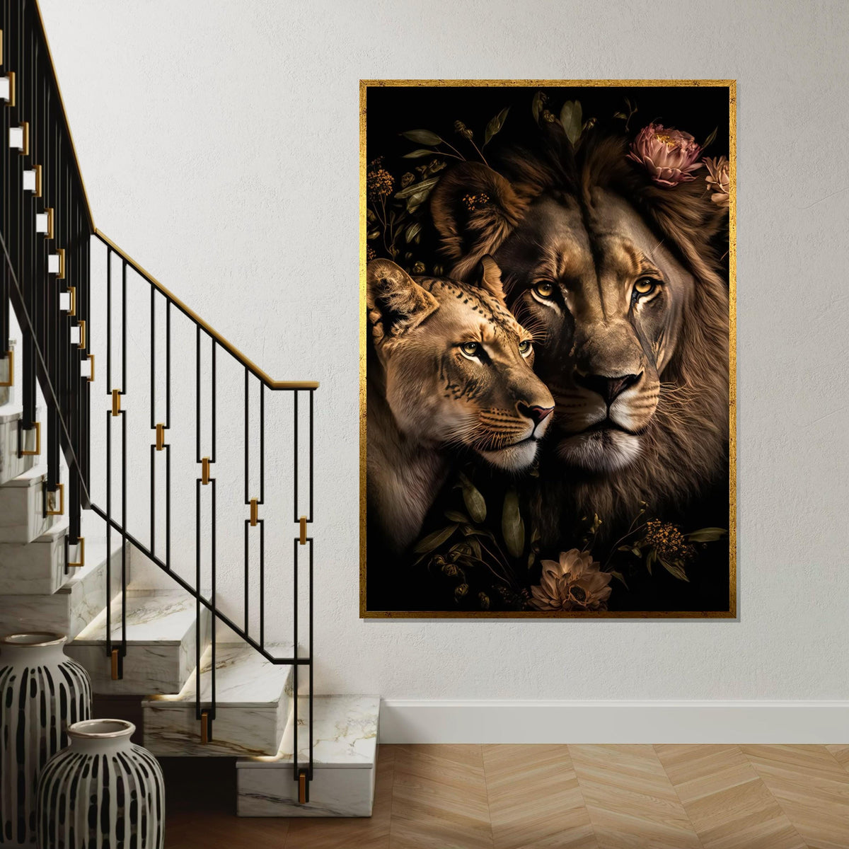 Lion Couple Canvas, Floral Lion Art, Animal Wall Art, Lion  Lioness Print, Wall Art Canvas Design, Ready To Hang Decoration