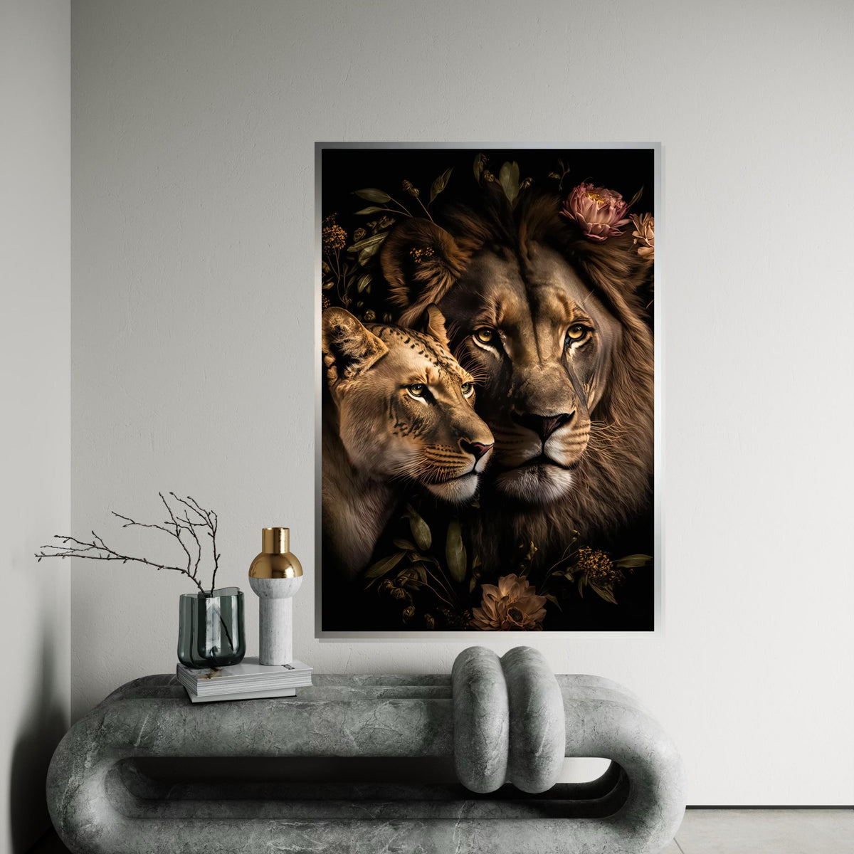 Lion Couple Canvas, Floral Lion Art, Animal Wall Art, Lion  Lioness Print, Wall Art Canvas Design, Ready To Hang Decoration