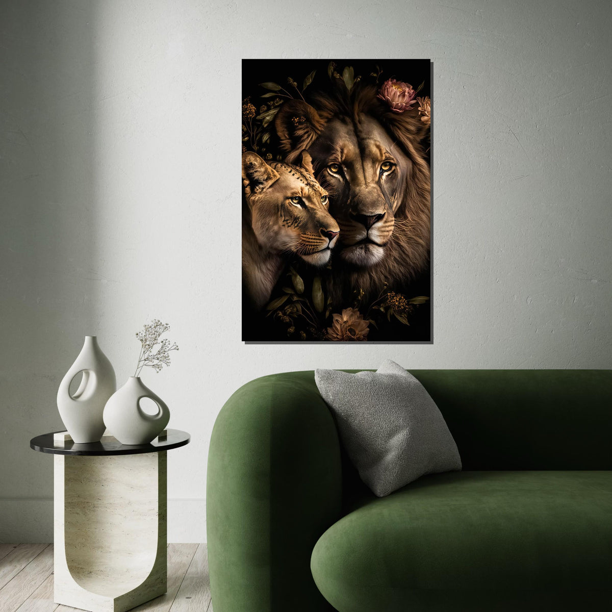 Lion Couple Canvas, Floral Lion Art, Animal Wall Art, Lion  Lioness Print, Wall Art Canvas Design, Ready To Hang Decoration