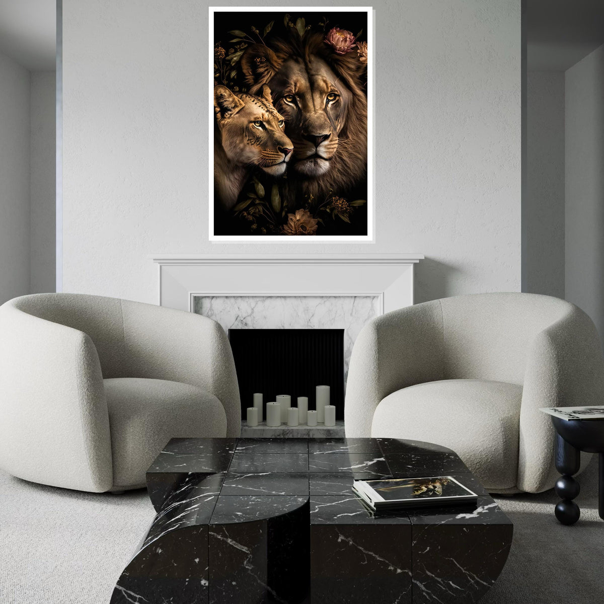 Lion Couple Canvas, Floral Lion Art, Animal Wall Art, Lion  Lioness Print, Wall Art Canvas Design, Ready To Hang Decoration