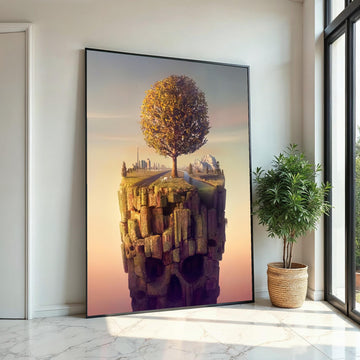 Surreal Floating Island Canvas, Tree Landscape, Skull Cliff Art, Cityscape Poster, Wall Art Canvas Design, Ready to Hang Home Décor