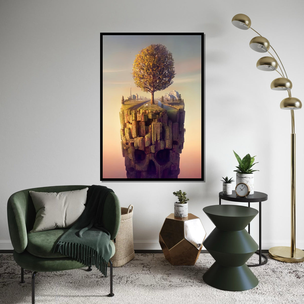 Surreal Floating Island Canvas, Tree Landscape, Skull Cliff Art, Cityscape Poster, Wall Art Canvas Design, Ready to Hang Home Décor
