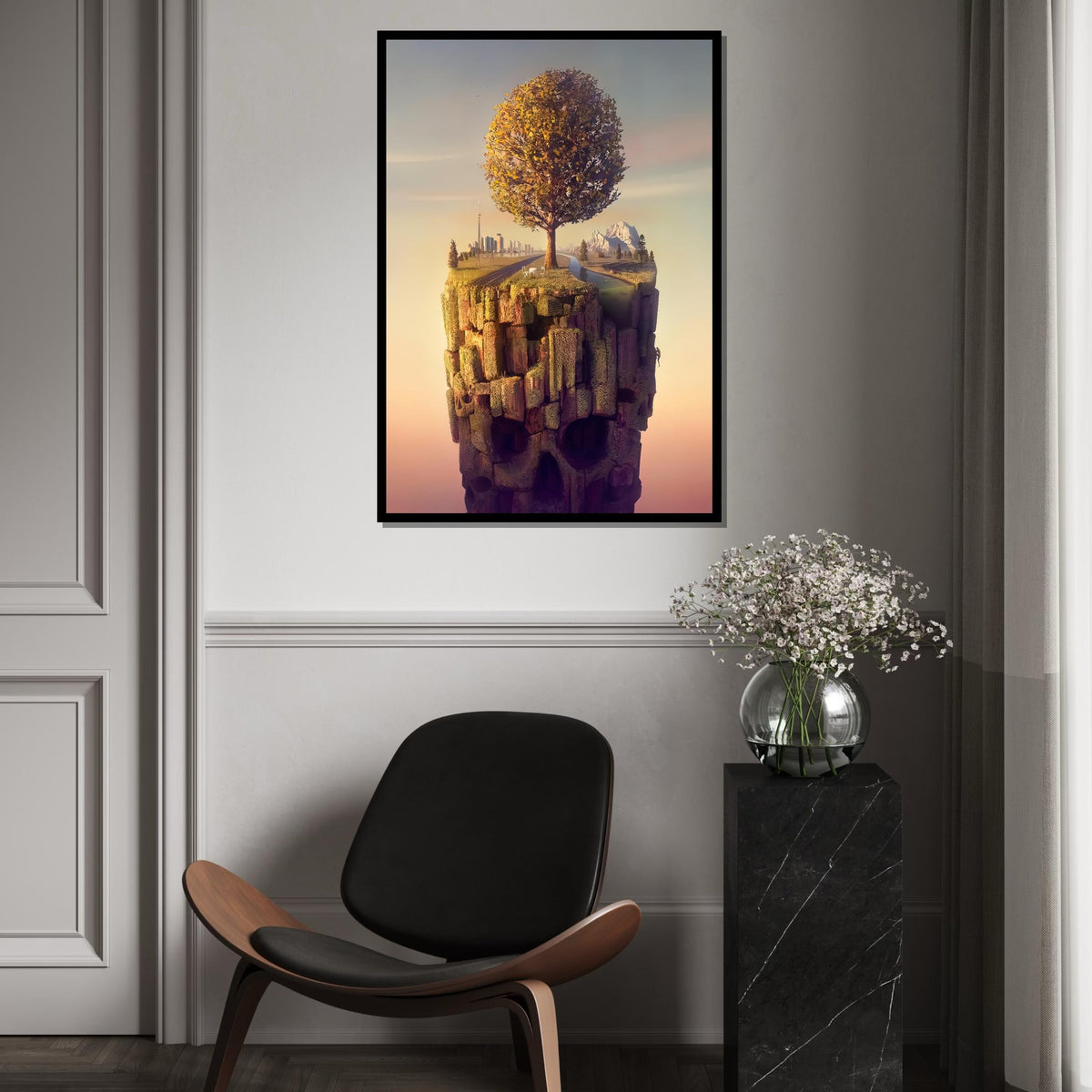 Surreal Floating Island Canvas, Tree Landscape, Skull Cliff Art, Cityscape Poster, Wall Art Canvas Design, Ready to Hang Home Décor