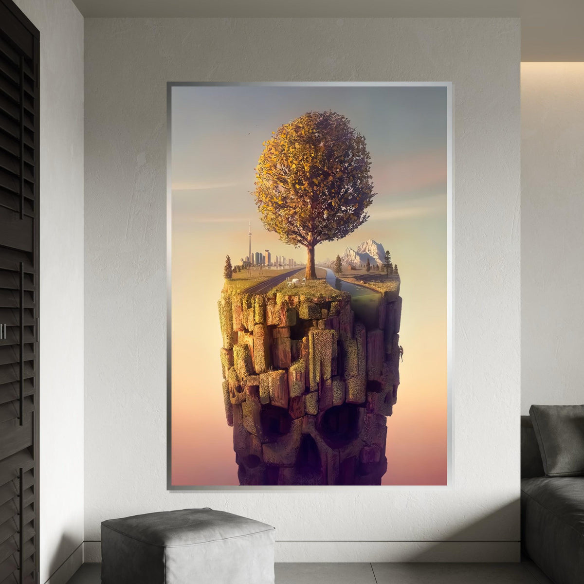 Surreal Floating Island Canvas, Tree Landscape, Skull Cliff Art, Cityscape Poster, Wall Art Canvas Design, Ready to Hang Home Décor