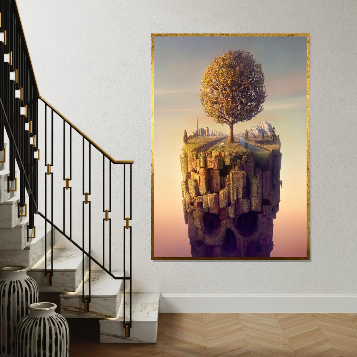 Surreal Floating Island Canvas, Tree Landscape, Skull Cliff Art, Cityscape Poster, Wall Art Canvas Design, Ready to Hang Home Décor