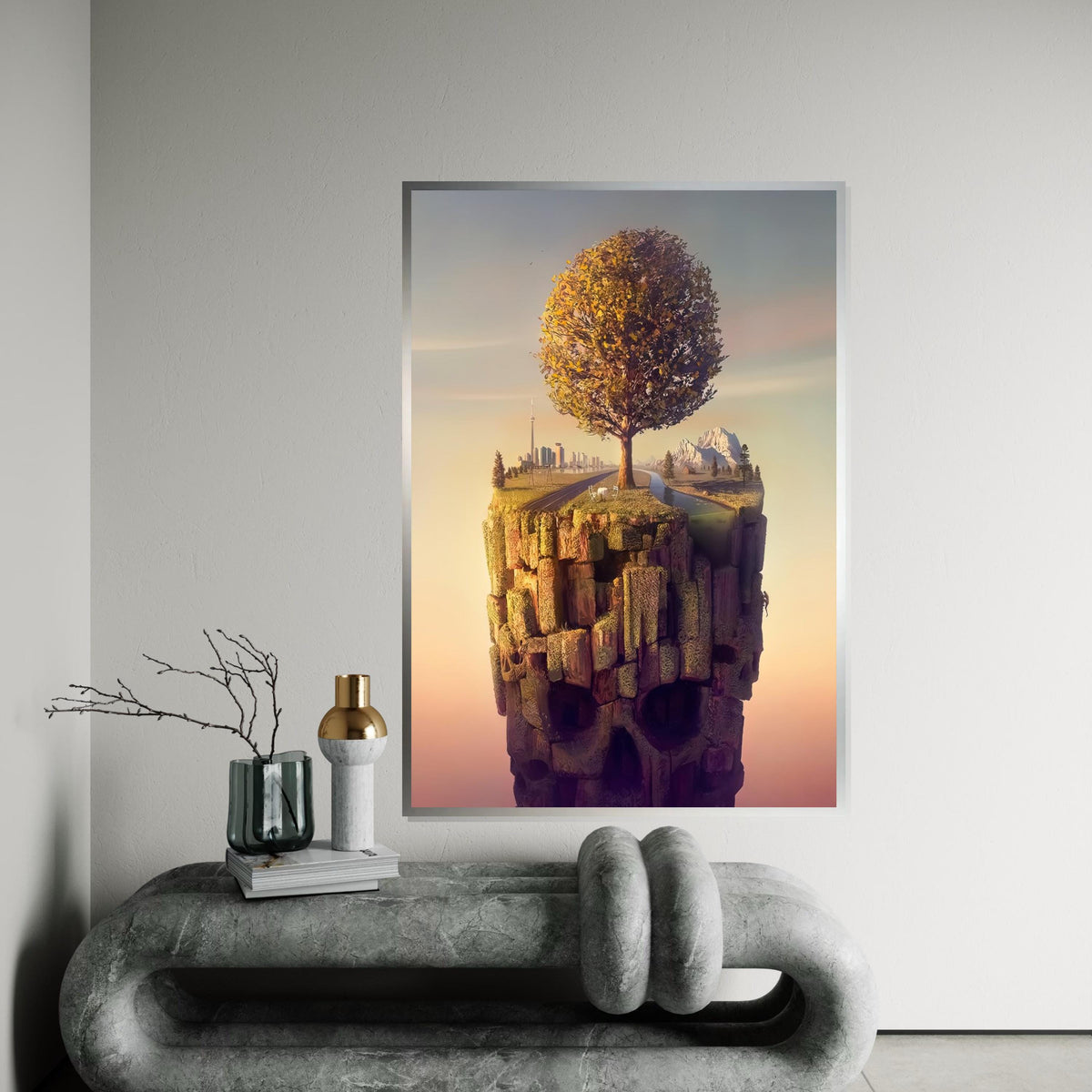 Surreal Floating Island Canvas, Tree Landscape, Skull Cliff Art, Cityscape Poster, Wall Art Canvas Design, Ready to Hang Home Décor