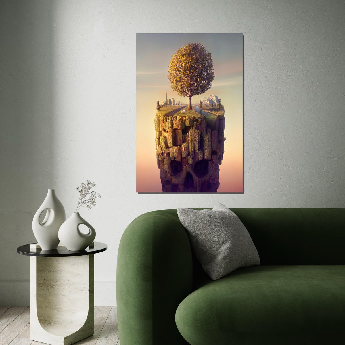 Surreal Floating Island Canvas, Tree Landscape, Skull Cliff Art, Cityscape Poster, Wall Art Canvas Design, Ready to Hang Home Décor