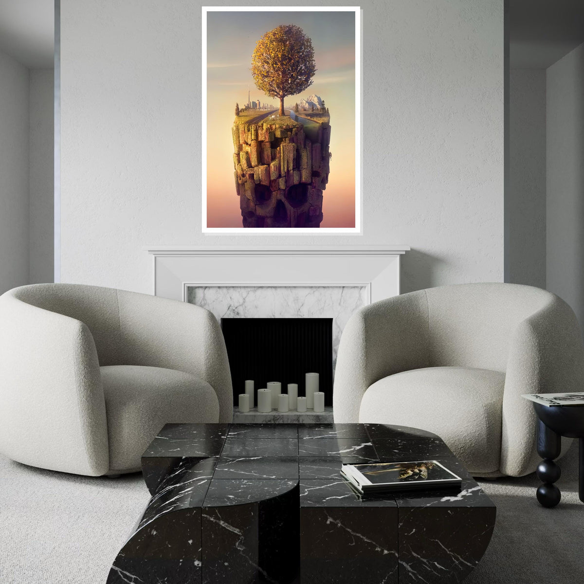 Surreal Floating Island Canvas, Tree Landscape, Skull Cliff Art, Cityscape Poster, Wall Art Canvas Design, Ready to Hang Home Décor