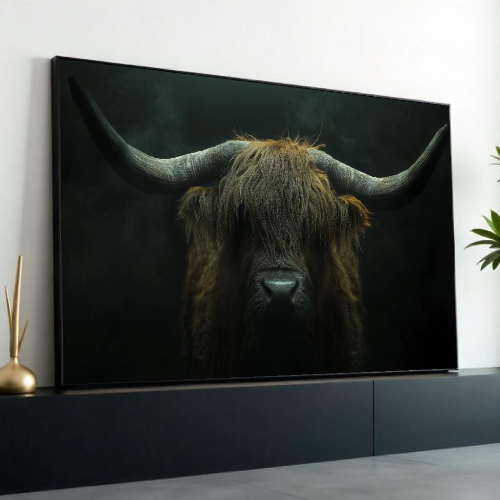 Highland Cow Canvas Art, Rustic Animal Wall Print, Horned Cattle Poster, Wall Art Canvas Design, Ready to Hang Farmhouse Decor