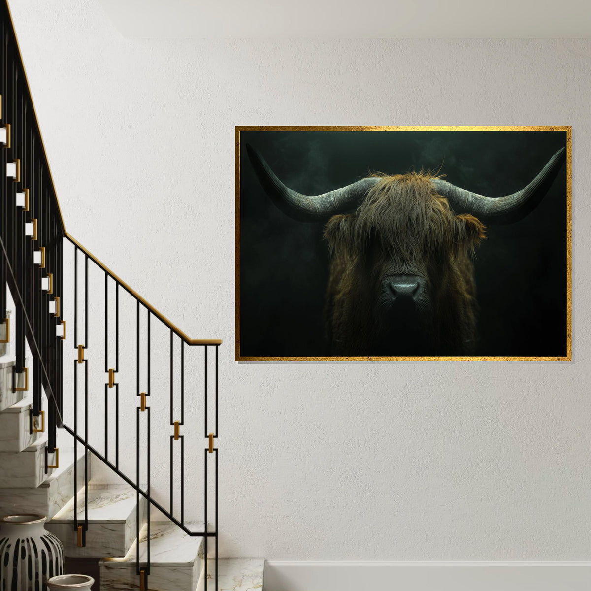 Highland Cow Canvas Art, Rustic Animal Wall Print, Horned Cattle Poster, Wall Art Canvas Design, Ready to Hang Farmhouse Decor