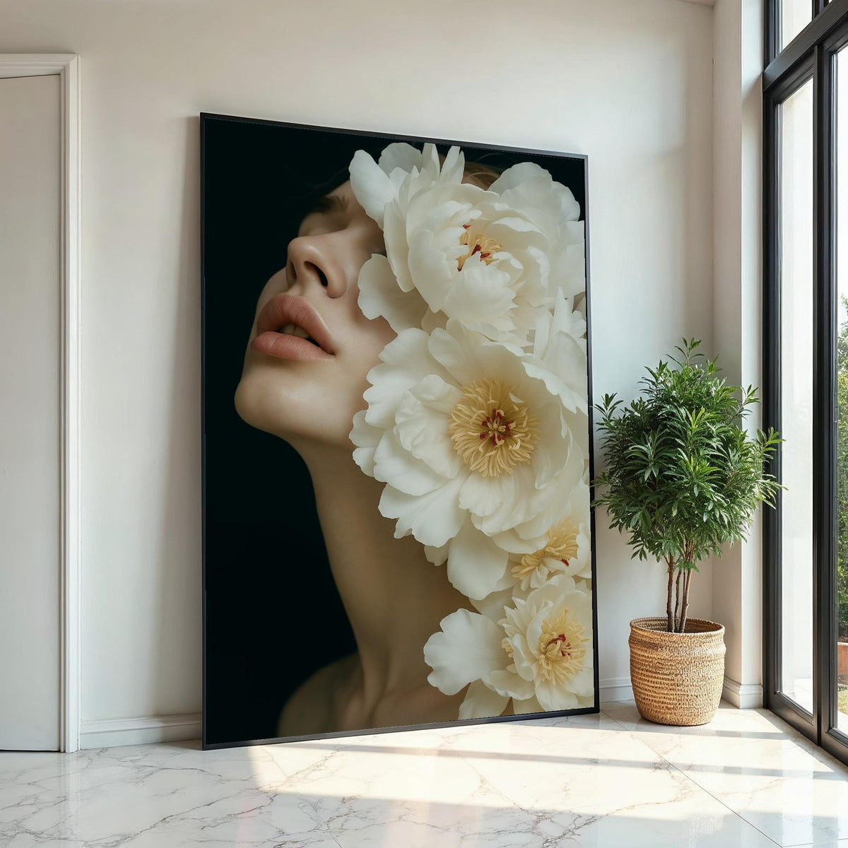 Floral Elegance Canvas, Woman with Flowers Art, Peony Blossom Wall Print, Wall Art Canvas Design, Ready to Hang Decoration