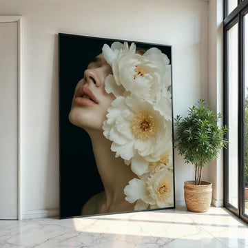 Floral Elegance Canvas, Woman with Flowers Art, Peony Blossom Wall Print, Wall Art Canvas Design, Ready to Hang Decoration