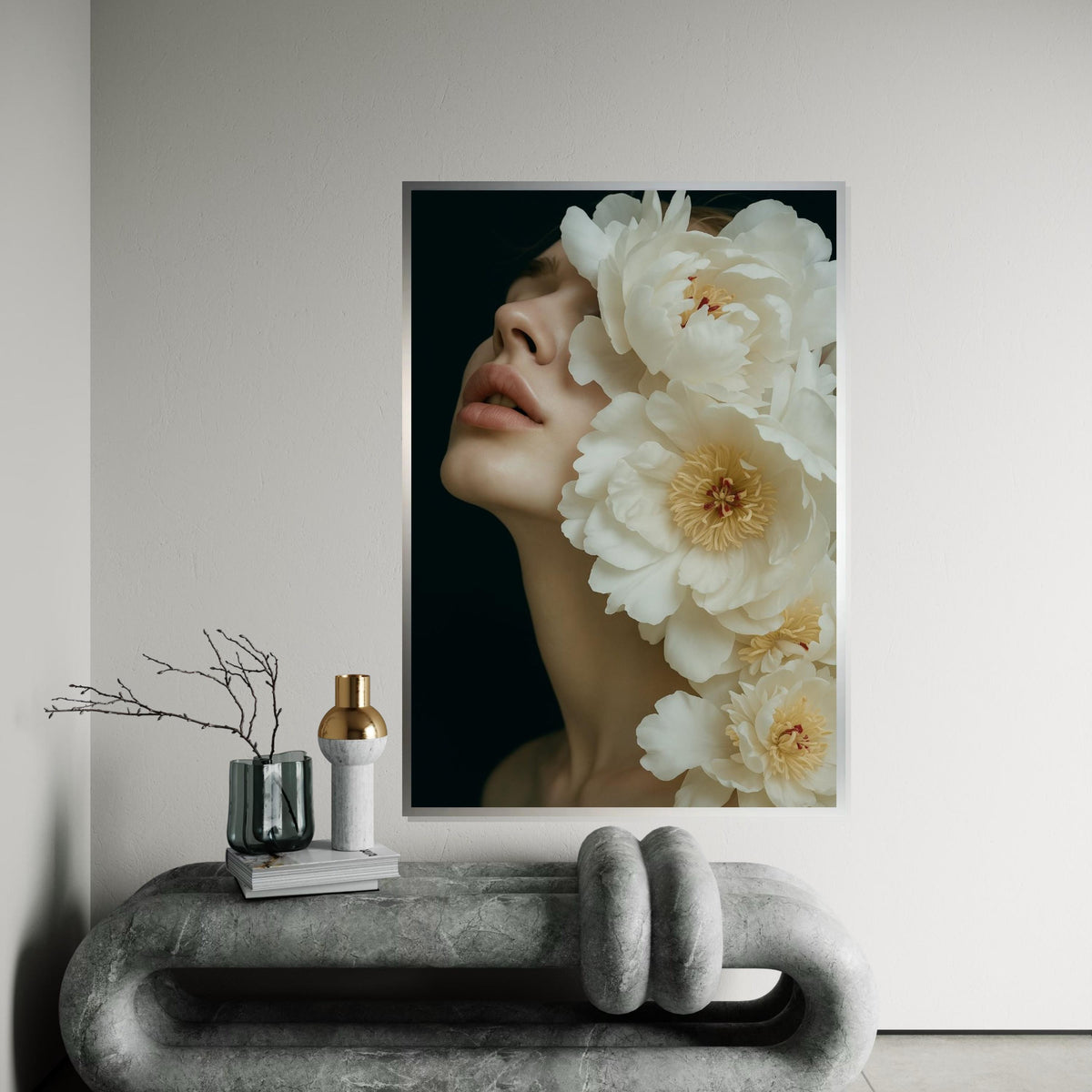Floral Elegance Canvas, Woman with Flowers Art, Peony Blossom Wall Print, Wall Art Canvas Design, Ready to Hang Decoration