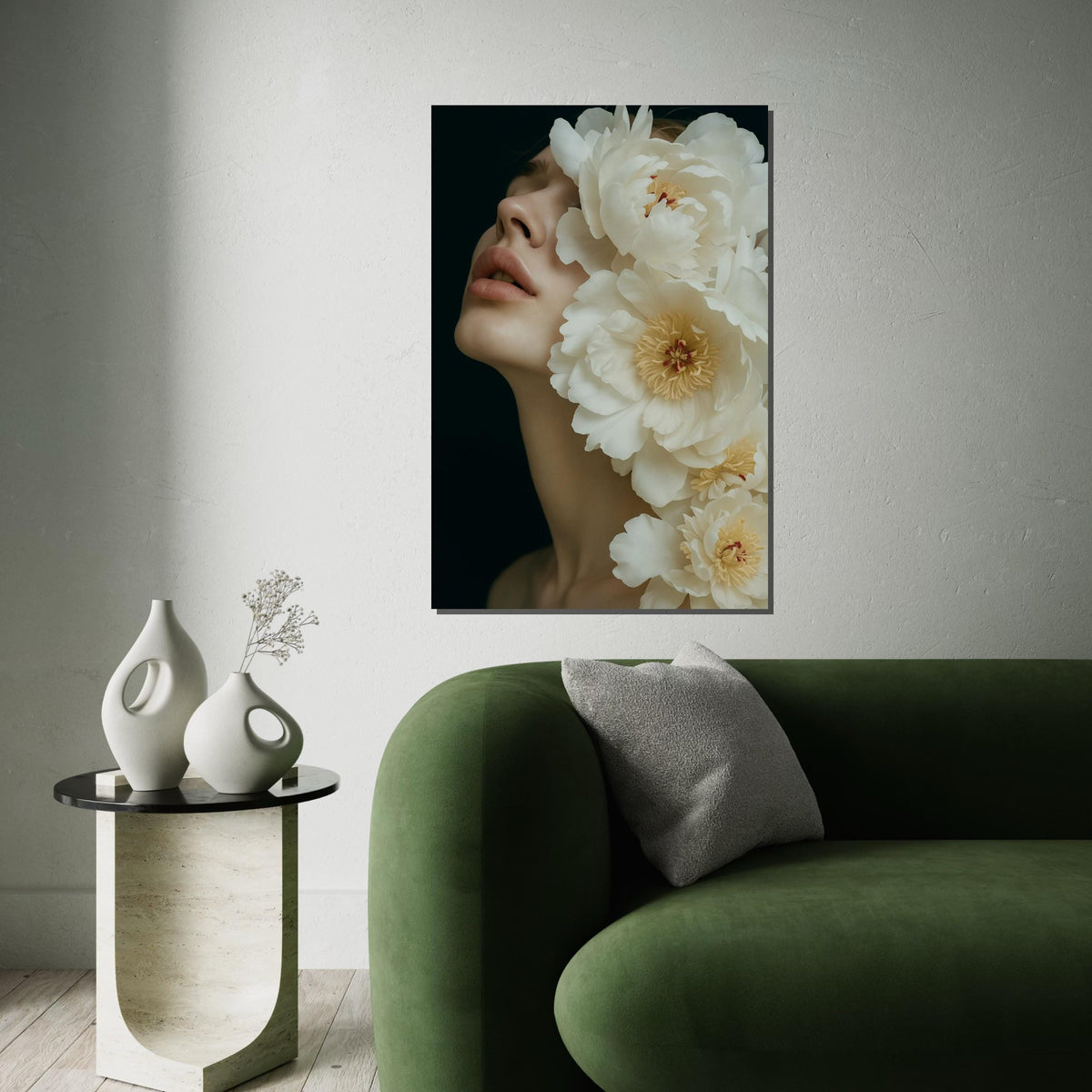 Floral Elegance Canvas, Woman with Flowers Art, Peony Blossom Wall Print, Wall Art Canvas Design, Ready to Hang Decoration