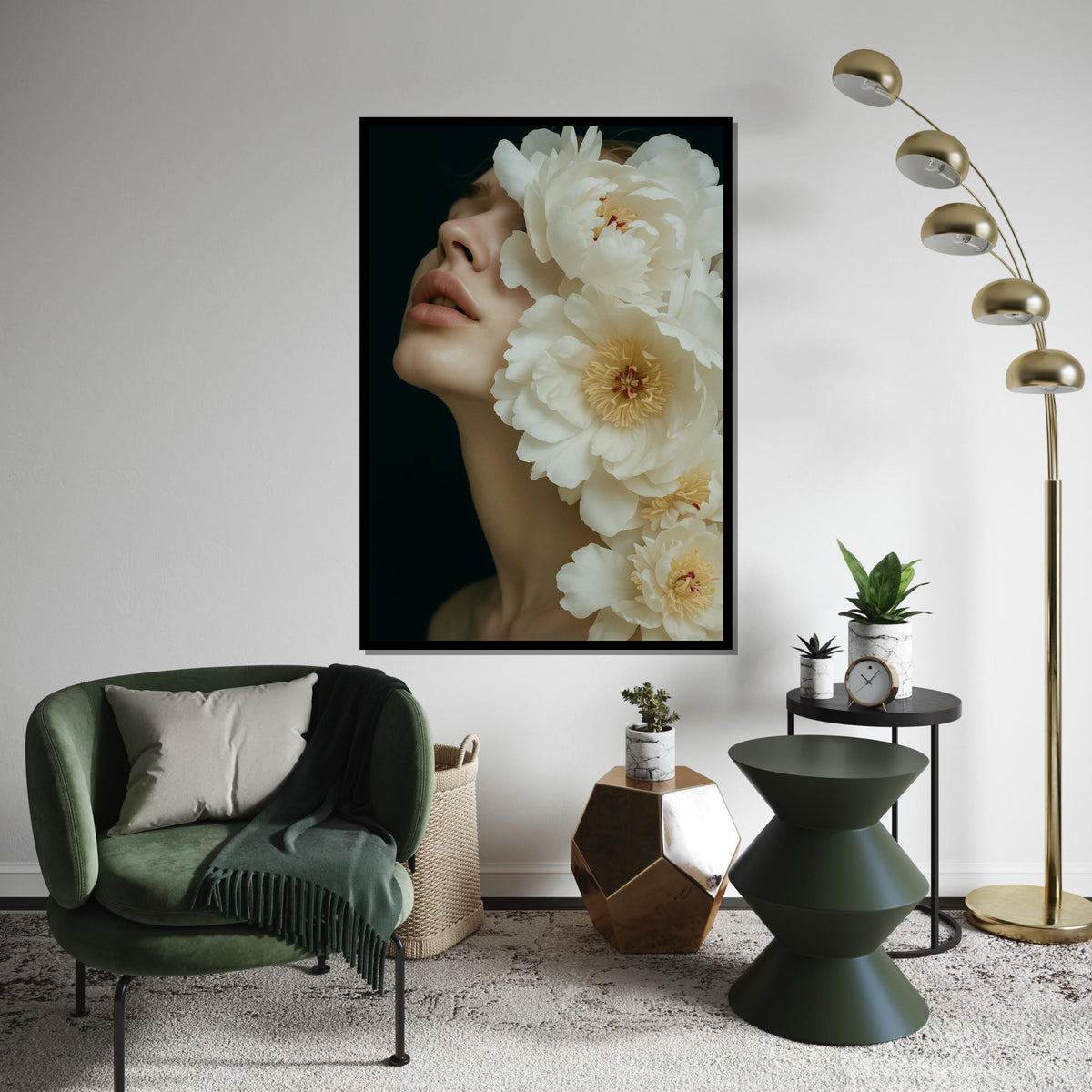 Floral Elegance Canvas, Woman with Flowers Art, Peony Blossom Wall Print, Wall Art Canvas Design, Ready to Hang Decoration