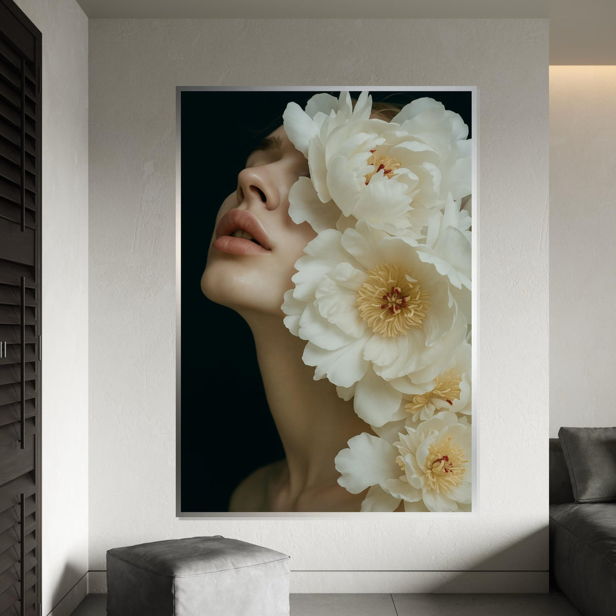 Floral Elegance Canvas, Woman with Flowers Art, Peony Blossom Wall Print, Wall Art Canvas Design, Ready to Hang Decoration