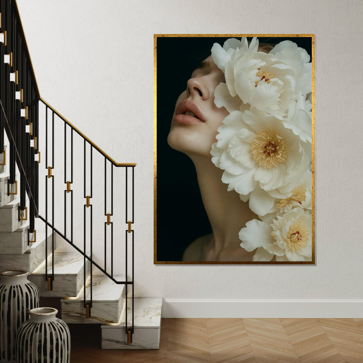Floral Elegance Canvas, Woman with Flowers Art, Peony Blossom Wall Print, Wall Art Canvas Design, Ready to Hang Decoration